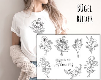 8 Bügelbilder, Wildblumen, schöner Blumenstrauß zum Aufbügeln, Blumen, Blüten, romantisch, minimalistisch, modern Aufbügler