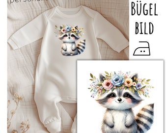 Iron-on transfer of a cute raccoon, personalized with name, date of birth, birthday, SKU 5.000.427