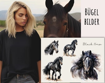 4 iron-on watercolor horse transfers, black horse, beautiful horse portraits for ironing on, horse iron-on patches, horse watercolor, SKU 5.000.189