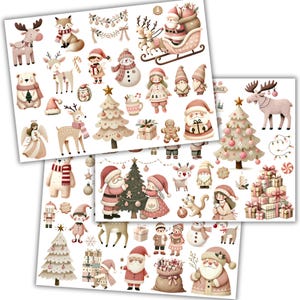 May include: Christmas-themed stickers featuring Santa Claus, reindeer, snowmen, and other festive characters in soft pastel colours. The stickers are in pink, beige, and red, arranged on white paper sheets. Ideal for holiday crafts and decorations.