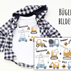 17 Bügelbilder Baustelle, Baustellenfahrzeuge zum Aufbügeln, Bagger, Kran, Betonmischer, Straßenwalze, Raketen Aufbügler, SKU 5.000.103