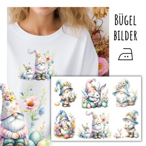May include: Set of eight iron-on images featuring gnomes and bunnies in pastel colours with floral accents. The gnomes are wearing blue and pink hats and holding Easter eggs. The bunnies are white with pink ears and flowers. The images are perfect for adding a touch of whimsy to your Easter crafts.