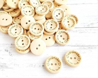 50 wooden buttons "Handmade with Love", buttons made of wood, handmade, label buttons, buttons for children, 2-hole buttons, jacket buttons, trouser buttons