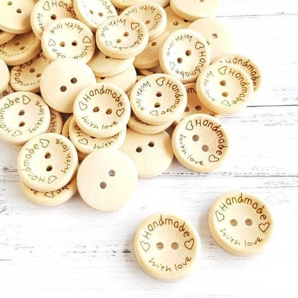 50 wooden buttons "Handmade with Love", buttons made of wood, handmade, label buttons, buttons for children, 2-hole buttons, jacket buttons, trouser buttons