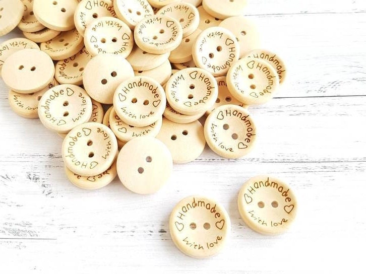 Oumefar Printed Handmade with Love Wooden Button Double Holes Handmade with Love Buttons DIY Clothes Sewing Accessories with Storage Box(15mm /