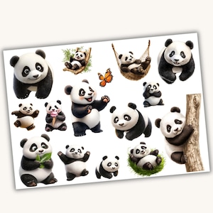 Könnte beinhalten: Eine Sammlung von 14 niedlichen Pandabären-Illustrationen in verschiedenen Posen, darunter ein Panda, der Eis hält, ein Panda in einer Hängematte und ein Panda, der einen Baum klettert. Die Illustrationen sind in Schwarzweiß auf weißem Hintergrund.