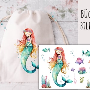 Könnte beinhalten: Ein Set Bügelbilder mit einer Meerjungfrau mit langen roten Haaren, einer Blumenkrone und einem türkisfarbenen Schwanz. Die Bügelbilder enthalten auch eine Vielzahl von Meeresbewohnern, wie Fische, Delfine und Seesterne.