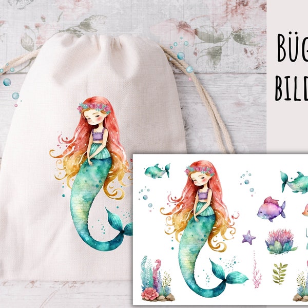 Iron-on pictures little mermaid, cute mermaid to iron on, watercolor fish to iron on, 13 iron-on patches