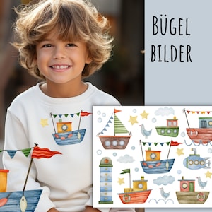 Könnte beinhalten: Ein Set Bügelbilder mit Aquarell-Illustrationen von Booten, einem Leuchtturm, einem U-Boot und Möwen. Die Bügelbilder sind perfekt, um Kleidung, Taschen oder anderen Stoffartikeln einen maritimen Touch zu verleihen. Der Text "BÜGEL BILDER" ist auf dem Bild zu sehen.