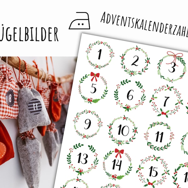 Bügelbilder Adventskalenderzahlen, Adventskalender Zahlen zum Aufbügeln, 24 Stück, Adventskalender, Weihnachten