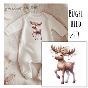 Iron-on transfer of a cute moose, moose iron-on transfer with name, date of birth, birthday, customizable, SKU 5.000.421