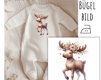 Iron-on transfer of a cute moose, moose iron-on transfer with name, date of birth, birthday, customizable, SKU 5.000.421