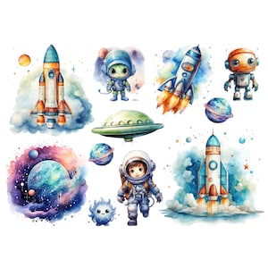 May include: A collection of watercolour illustrations featuring space-themed imagery. The image includes rockets, planets, an alien, a robot, an astronaut, and a UFO. The artwork uses a vibrant colour palette of blues, oranges, and purples, creating a whimsical scene.