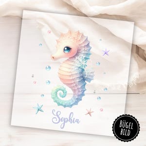 Iron-on seahorse patch for school cones or birthdays, pastel-colored seahorse with name for ironing on.