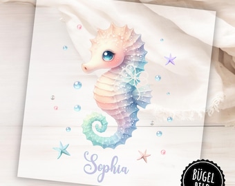Iron-on seahorse patch for school cones or birthdays, pastel-colored seahorse with name for ironing on.