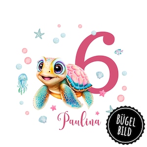 Iron-on birthday transfer with turtle motif, personalized with name, SKU 5.000.491