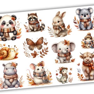 May include: A set of 10 adorable animal illustrations with autumnal themes. Each animal is wearing a scarf and surrounded by autumn leaves. The animals include a panda, raccoon, rabbit, koala, frog, elephant, cow, snail, butterfly, and mouse.