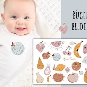 May include: A set of 15 iron-on patches featuring cute fruit designs with faces. The patches are in a boho style with a variety of colours and patterns. The text "boho fruits" is included on the sheet.