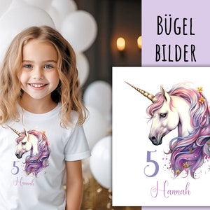 May include: Iron-on design featuring a unicorn with a pink and purple mane and a gold horn. The unicorn is surrounded by a watercolor-like background with gold stars. The design also includes the number 5 and the name "Hannah" in purple text.