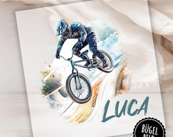 Iron-on BMX bike for school enrollment or birthday, BMX cyclist to iron on, iron-on image with name and number