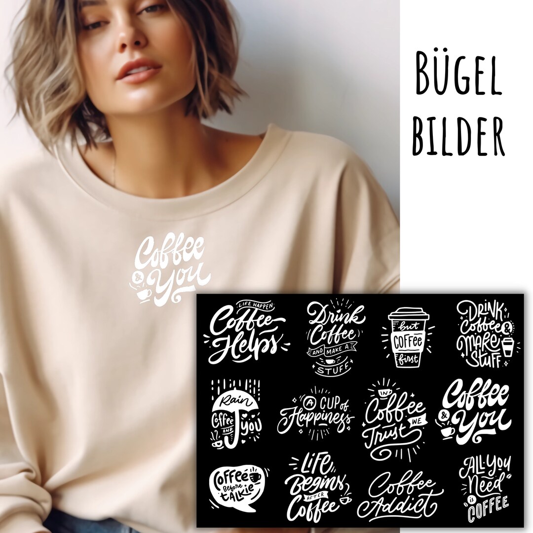 12 Bügelbilder, Kaffee, schöne Sprüche zum Aufbügeln, Kaffee Sprüche