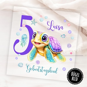 May include: A vibrant birthday card design with a cartoon sea turtle. The turtle has a purple shell and yellow body. The number 5 is in purple, with the name "Luisa" above the turtle. The words "Geburtstagskind" are written below.