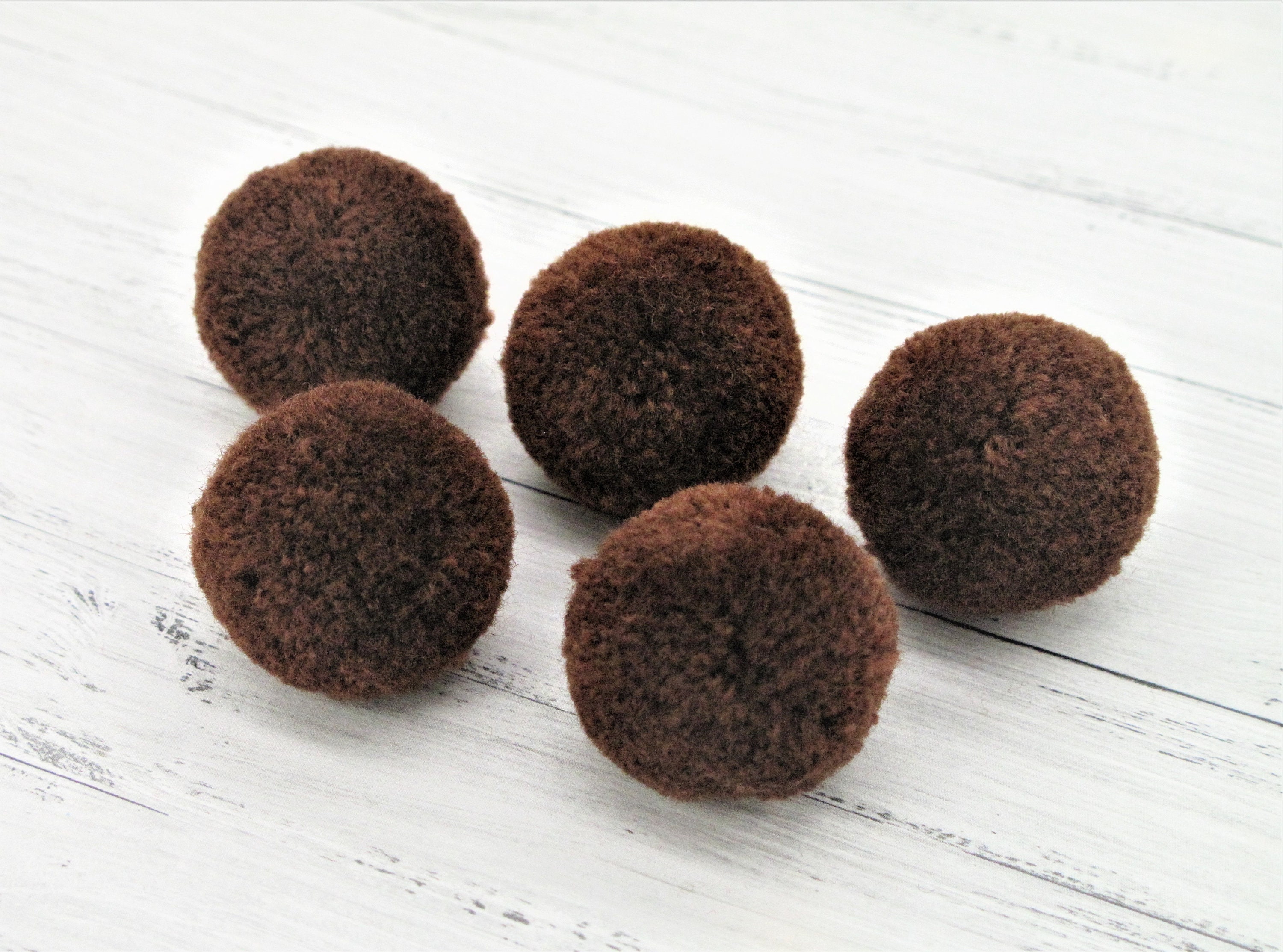 5 Wool Bobbles, 3 Cm, Pompom, Chocolate Brown, Real Pompoms Made