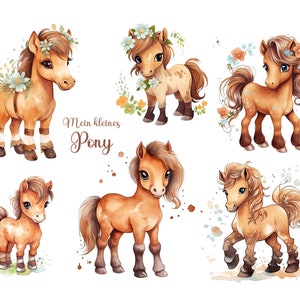 Könnte beinhalten: Sechs Aquarell-Illustrationen von braunen Ponys mit Blumenkränzen. Die Ponys sind in verschiedenen Posen und Größen dargestellt. Der Text "Mein kleines Pony" ist in der Mitte des Bildes geschrieben.