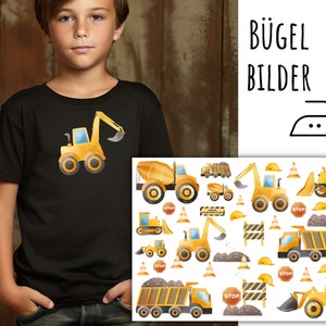 May include: Iron-on images of construction vehicles, including a bulldozer, excavator, dump truck, and cement mixer. The images are on a white background and are ready to be ironed onto fabric.