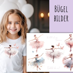 Può includere: Immagini da stirare di ballerine con tutù rosa e blu con farfalle. Il testo "Ballett ist meine Traumwelt" e "Fählt du es?" è incluso nell'immagine.