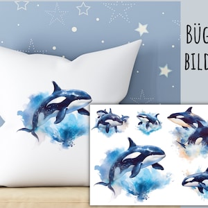 Könnte beinhalten: Bügelbilder mit Aquarell-Illustrationen von Orcas, die aus dem Wasser springen. Die Orcas sind schwarz-weiß mit blau-weißem Aquarellhintergrund.