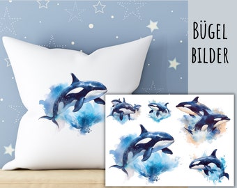 5 Bügelbilder Orca, Wal zum Aufbügeln, Meerestiere zum Aufbügeln, Orca zum Aufbügeln, Killerwal T-Shirt DIY, Orcas im Meer, Wasserfarben