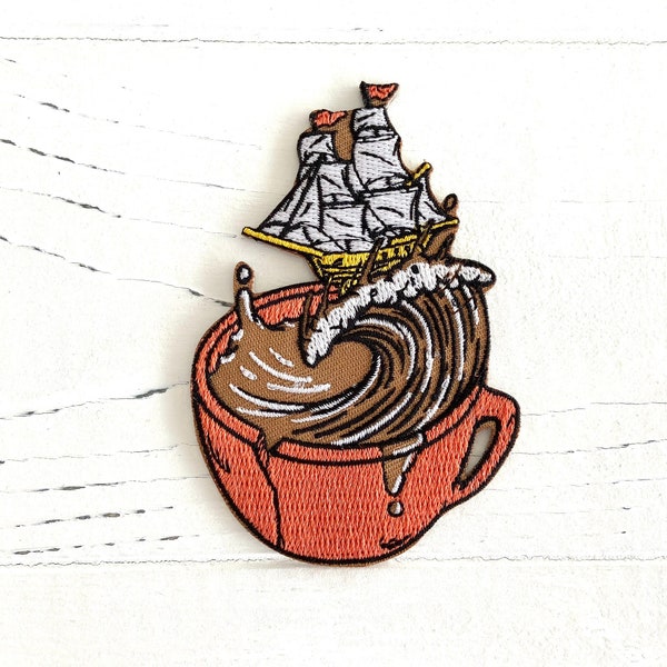 Coffee cup with sailing ship for ironing, patch, wave in the ocean, wave with ship, sea ironing, ironing picture, storm in the cup