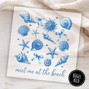 Summer iron-on patch, blue summer saying with shells and bows to iron onto your holiday shirt, meet me at the beach