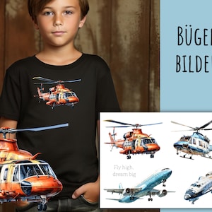 May include: A boy wearing a black t-shirt with an orange and white helicopter design. The t-shirt is part of a set of iron-on transfers that include a variety of aircraft designs. The text "BÜGEL BILDER" is visible in the upper right corner of the image.