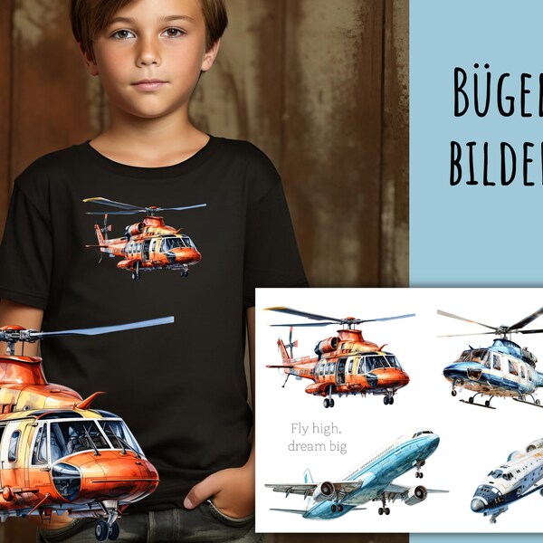 4 Bügelbilder Flugzeug, Hubschrauber, Helikopter, Space Shuttle,  zum Aufbügeln, Fluggeräte Aufbügler