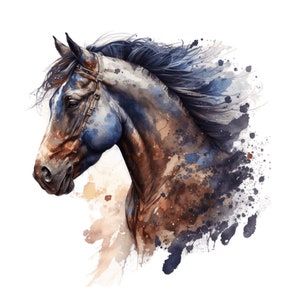 Peut inclure: Une peinture à l'aquarelle de la tête d'un cheval brun et bleu avec sa crinière au vent. L'arrière-plan est une éclaboussure de peinture à l'aquarelle dans des tons de brun, de bleu et de blanc.