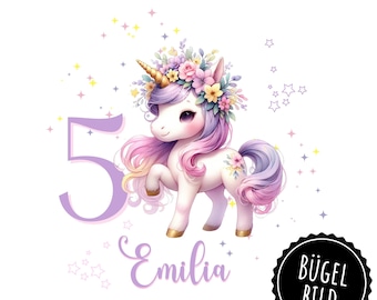 Iron-on birthday transfer with name and unicorn, iron-on transfer with name and number, SKU 5.000.483