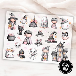 Op de afbeelding: Een vel Halloween-stickers met illustraties van heksen, geesten, katten, vleermuizen en een spookhuis. De stickers zijn in grijstinten, roze en zwart, met een grillige, cartoonachtige stijl. De tekst "BÜGEL BILD" is inbegrepen.