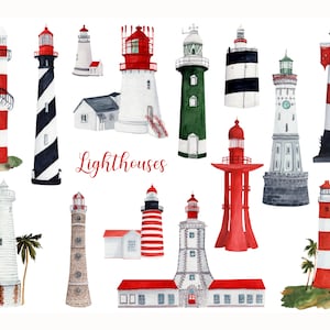 Könnte beinhalten: Aquarell-Illustrationen von verschiedenen Leuchttürmen in unterschiedlichen Stilen und Farben. Die Leuchttürme sind vor einem weißen Hintergrund dargestellt. Das Wort "Leuchttürme" ist in roter Kursivschrift geschrieben.