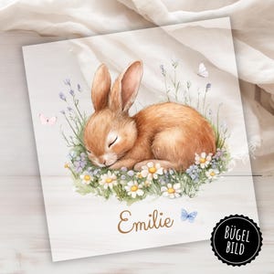 Op de afbeelding: Een aquarel-illustratie van een slapende bruine konijn omringd door witte en paarse bloemen. De naam "Emilie" staat onder het konijn in bruin schrift. De woorden "Bügel Bild" staan in een zwarte cirkel rechtsonder.