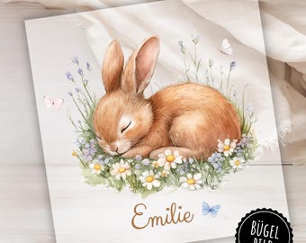Bügelbild Hase für Schultüte, Geburtstag oder Ostern, niedliches Häschen mit Namen zum Aufbügeln