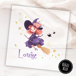 May include: A charming illustration of a witch on a broomstick, dressed in purple with a matching hat decorated with flowers. The name "Louise" is written in purple script. Gold stars and bats are scattered across the white background.