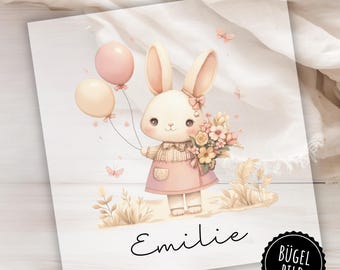 Bügelbild Hase für Schultüte, Geburtstag oder Ostern, niedliches Häschen mit Namen zum Aufbügeln