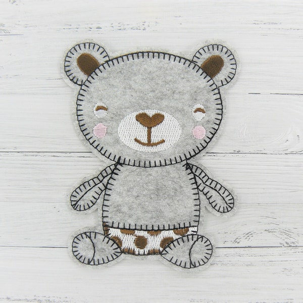 Large teddy application, cute light gray bear for ironing, patch as teddy bear for ironing or sticking on, bear as ironing picture, gray