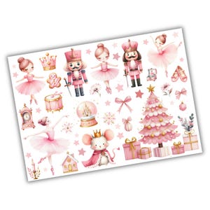 May include: A sheet of stickers with watercolour illustrations of a pink Christmas tree, ballerinas, nutcrackers, a mouse king, and other festive elements. The stickers are in pink, gold, and white, with a whimsical and festive design.