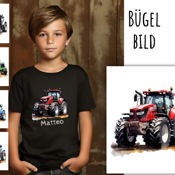 Bügelbild Traktor mit Namen, Trecker, Bügelbild Namen, personalisierbar, individuell, Aufbügler, Aquarell, Bauernhof, Landmaschine