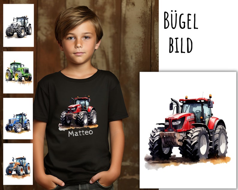 Iron-on picture tractor with name, tractor, iron-on picture name, customizable, individual, iron-on patch, watercolor, farm, agricultural machine image 1