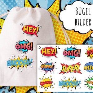 Könnte beinhalten: Eine weiße Kordeltasche mit bunten Comic-Worten wie "Hey!" "OMG!" und "Whoosh!" bedruckt. Die Tasche liegt neben einem Bogen Bügelbildern mit ähnlichen Comic-Worten wie "Pow!" "Super!" und "Hello?" bedruckt. Der Text "Bügel Bilder" steht auf einer Sprechblase über der Tasche.