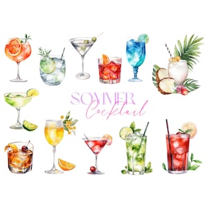 May include: A watercolour illustration of various summer cocktails, including a margarita, a mojito, a daiquiri, a cosmopolitan, and a piña colada. The illustration is set against a white background and features the text "SUMMER Cocktail".